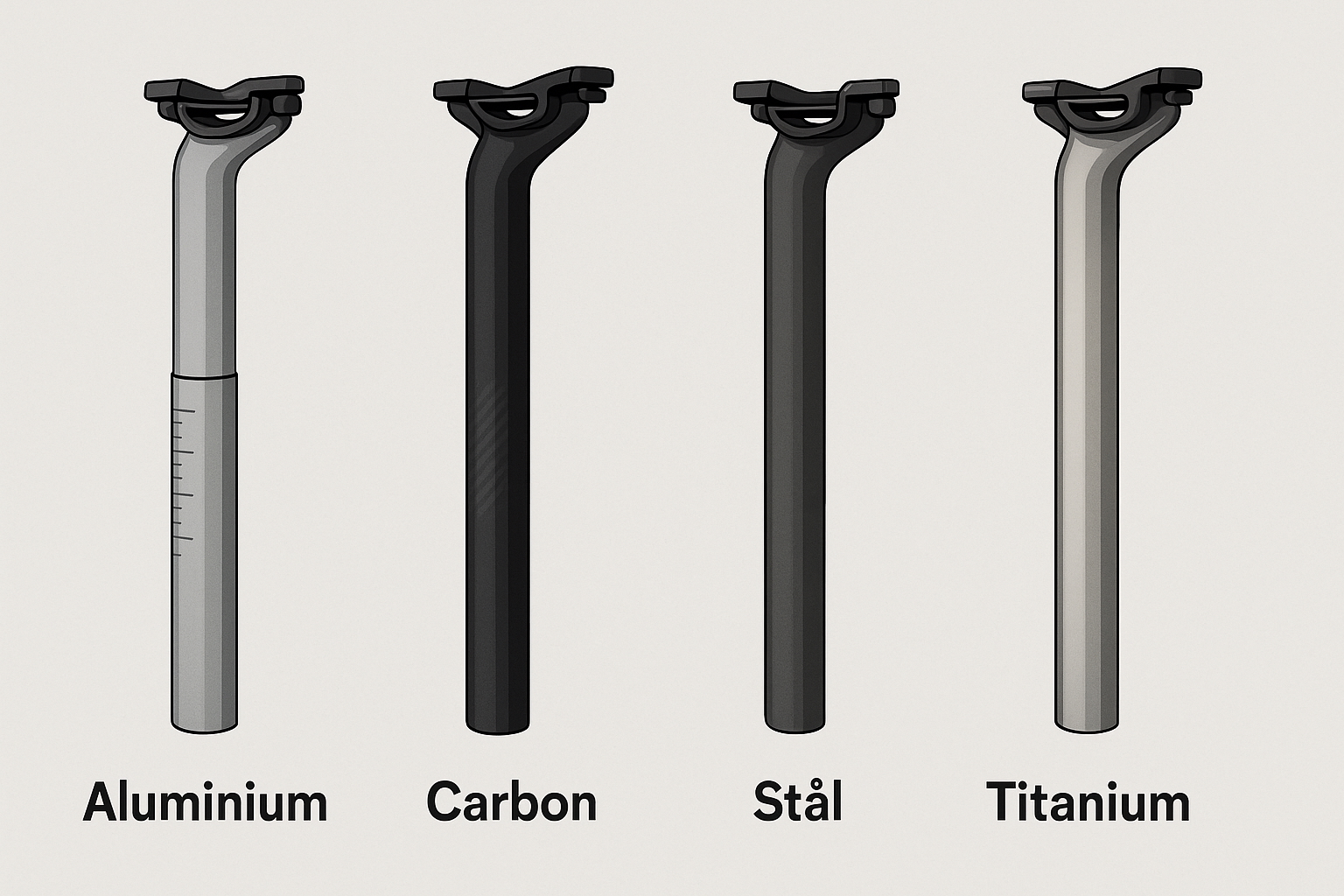 Aluminium sadelpind, Carbon sadelpind, stål sadelpind, titanium sadelpind. Forskellige typer af sadelpinde